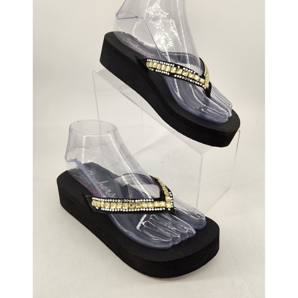Skechers Platform Flip Flops Womens 6 Black Rhinestone Yoga Foam Thong Sandals